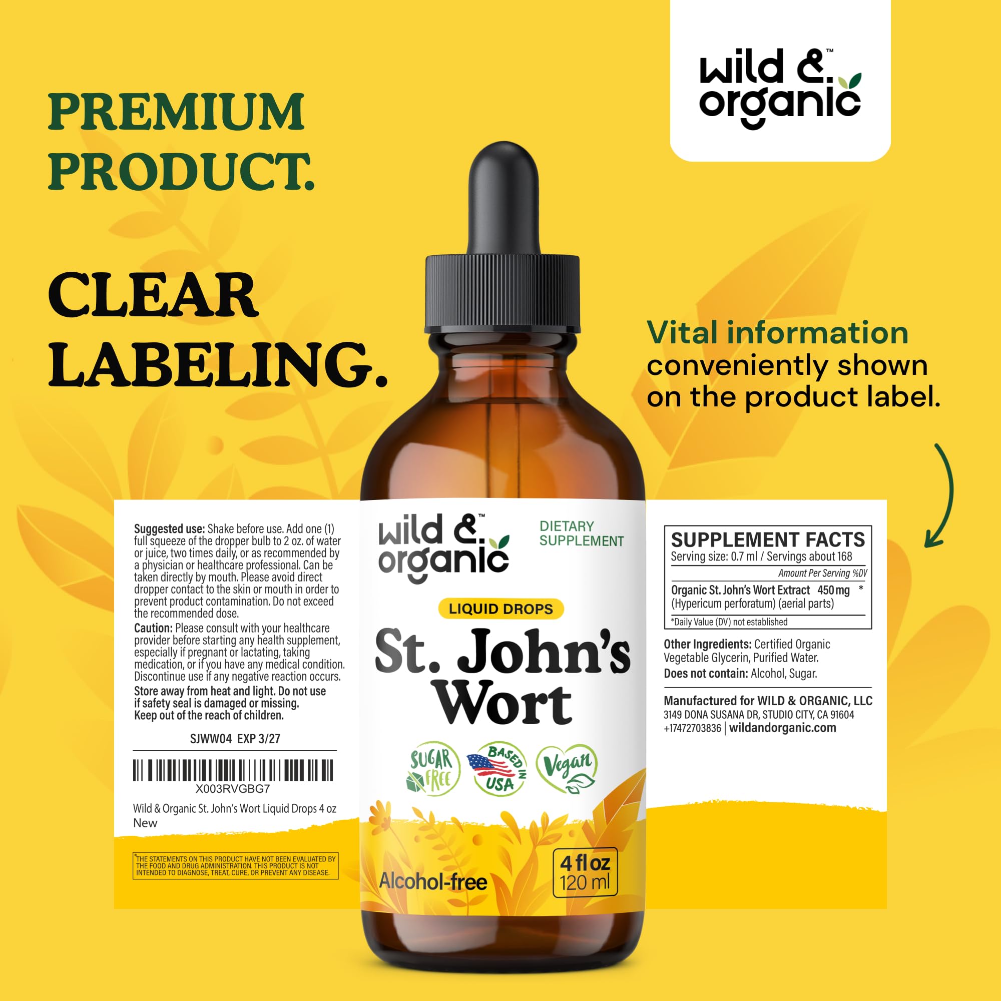 Wild & Organic St Johns Wort tincture on shelf display for easy browsing