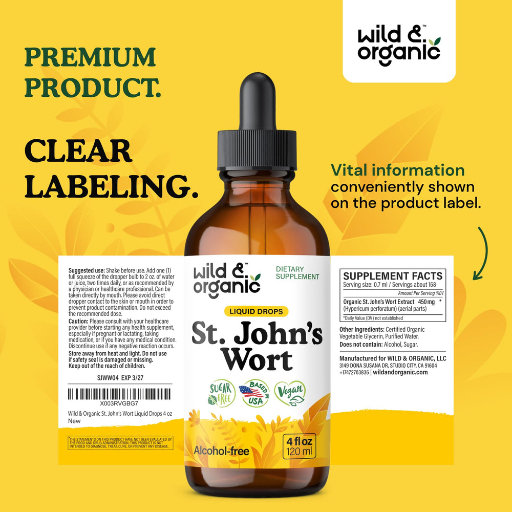 Wild & Organic St Johns Wort tincture on shelf display for easy browsing