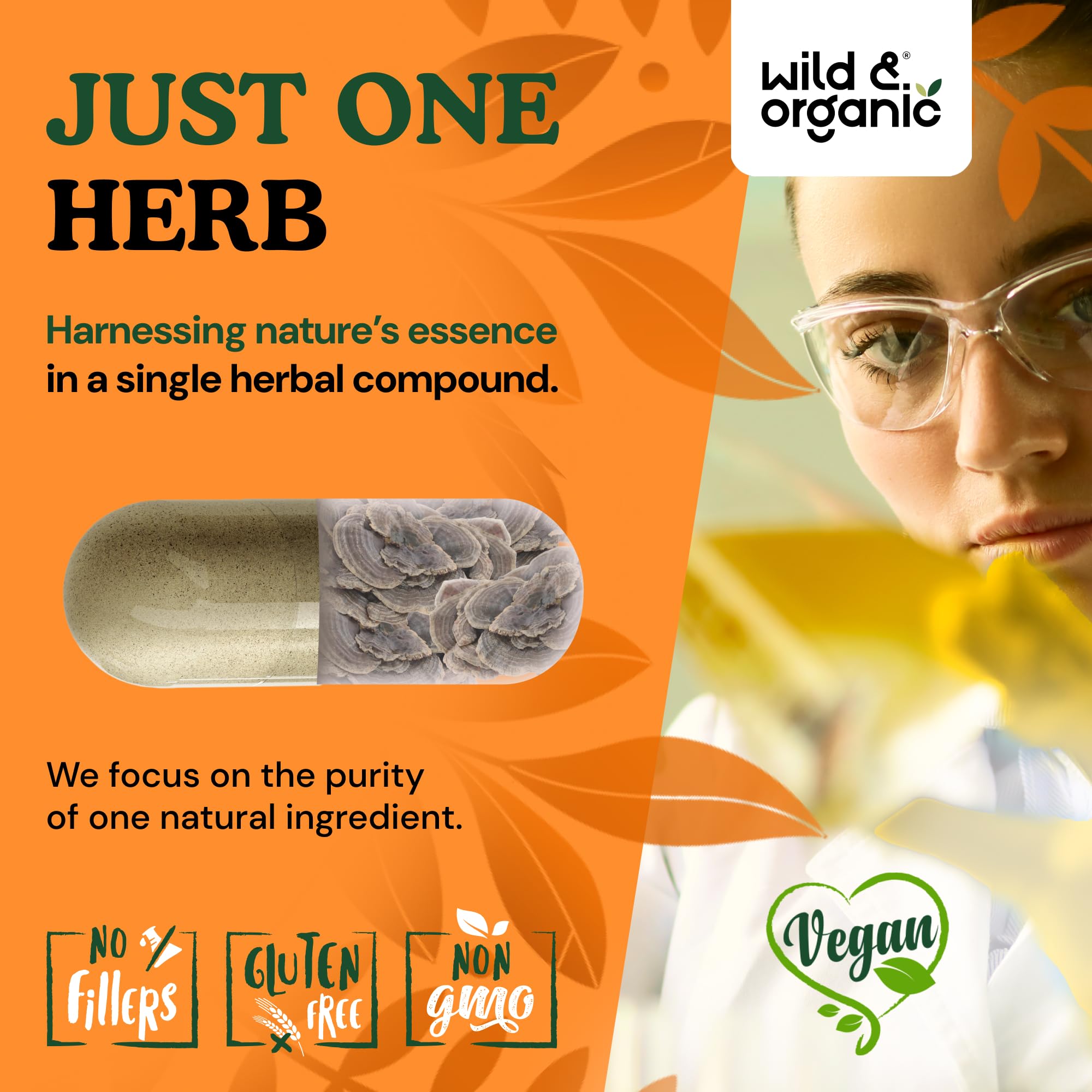 Wild & Organic supplement packaging emphasizes its 60-day supply and natural formula.