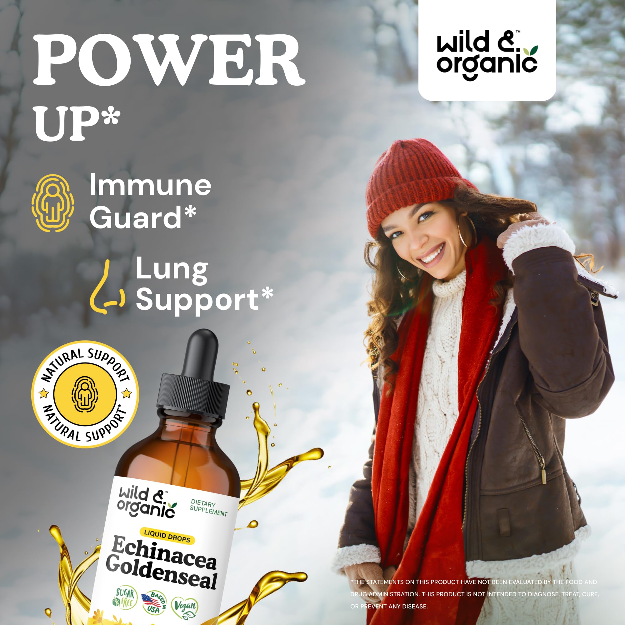 Wild & Organic tincture dropper against label, showcasing vegan formula and immune support potential.