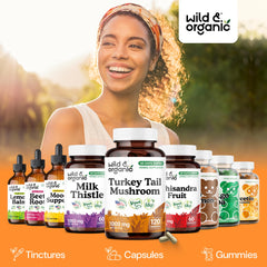 Wild & Organic turkey tail capsules vegan ingredients highlighted for a plant-based option.