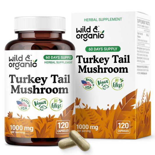 Wild & Organic turkey tail mushroom capsules bottle front showing a convenient daily immune support option.