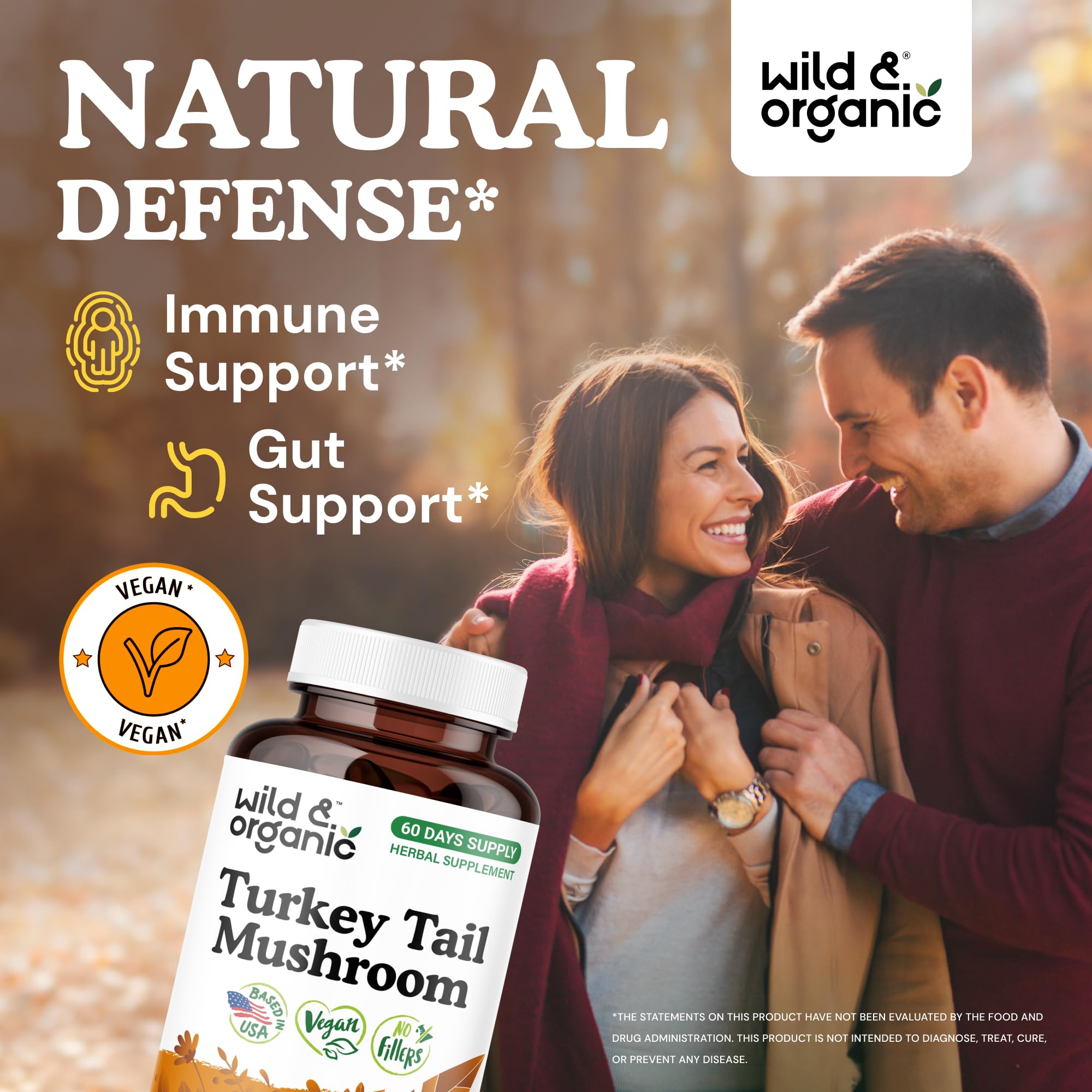 Wild & Organic turkey tail mushroom capsules label clearly states vegan and non-GMO promise.