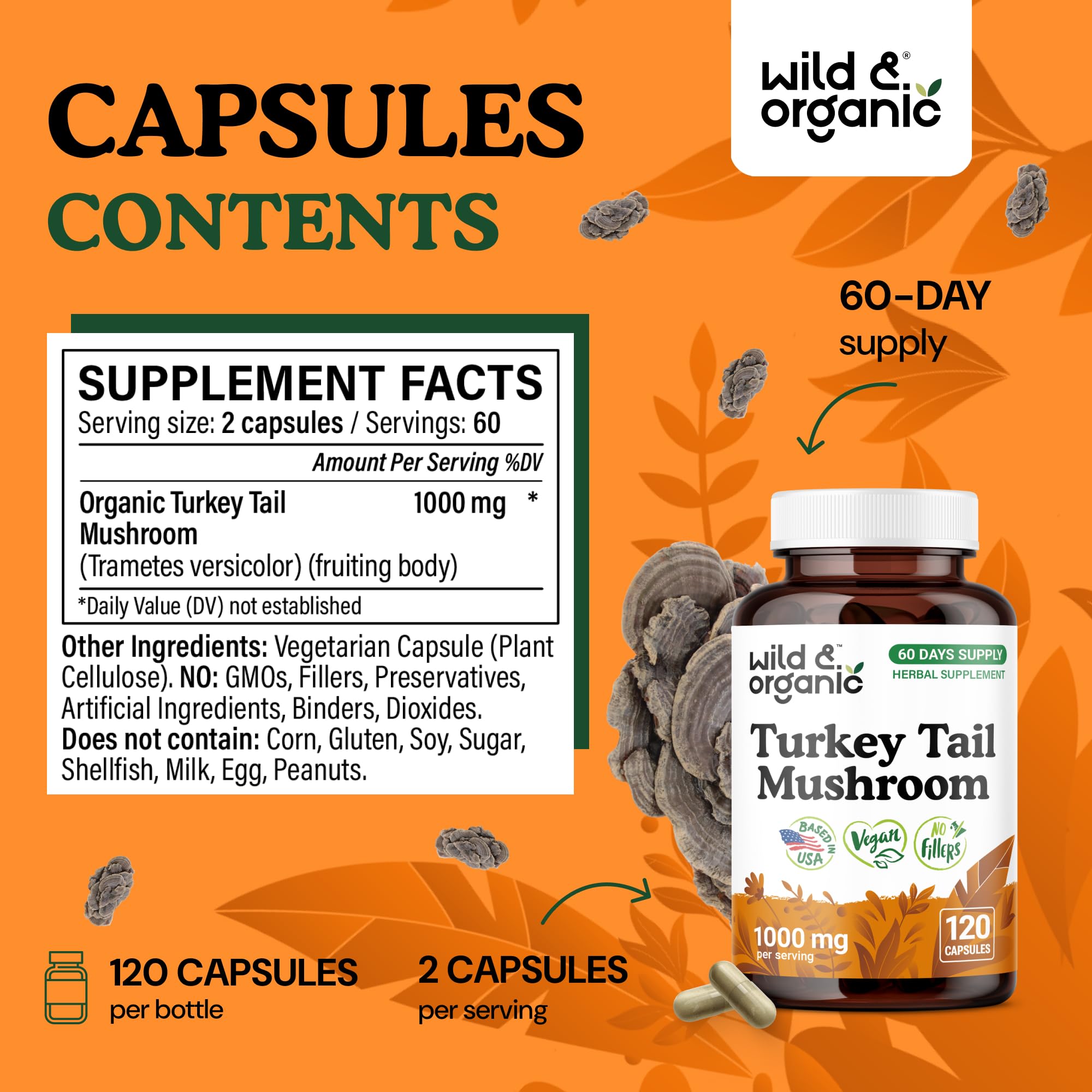 Wild & Organic turkey tail mushroom capsules pour highlights two-capsule daily ritual.