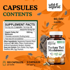 Wild & Organic turkey tail mushroom capsules pour highlights two-capsule daily ritual.