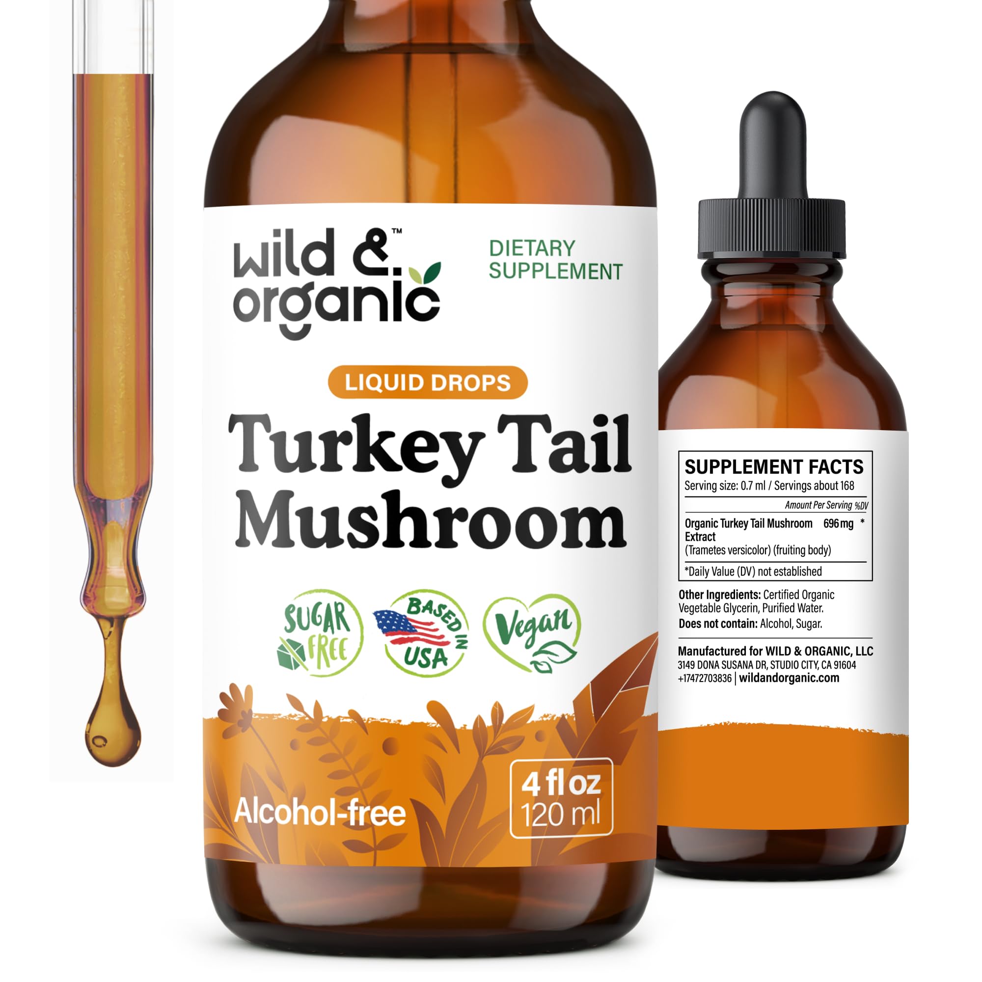 Wild & Organic turkey tail tincture bottle for convenient daily immune and gut support