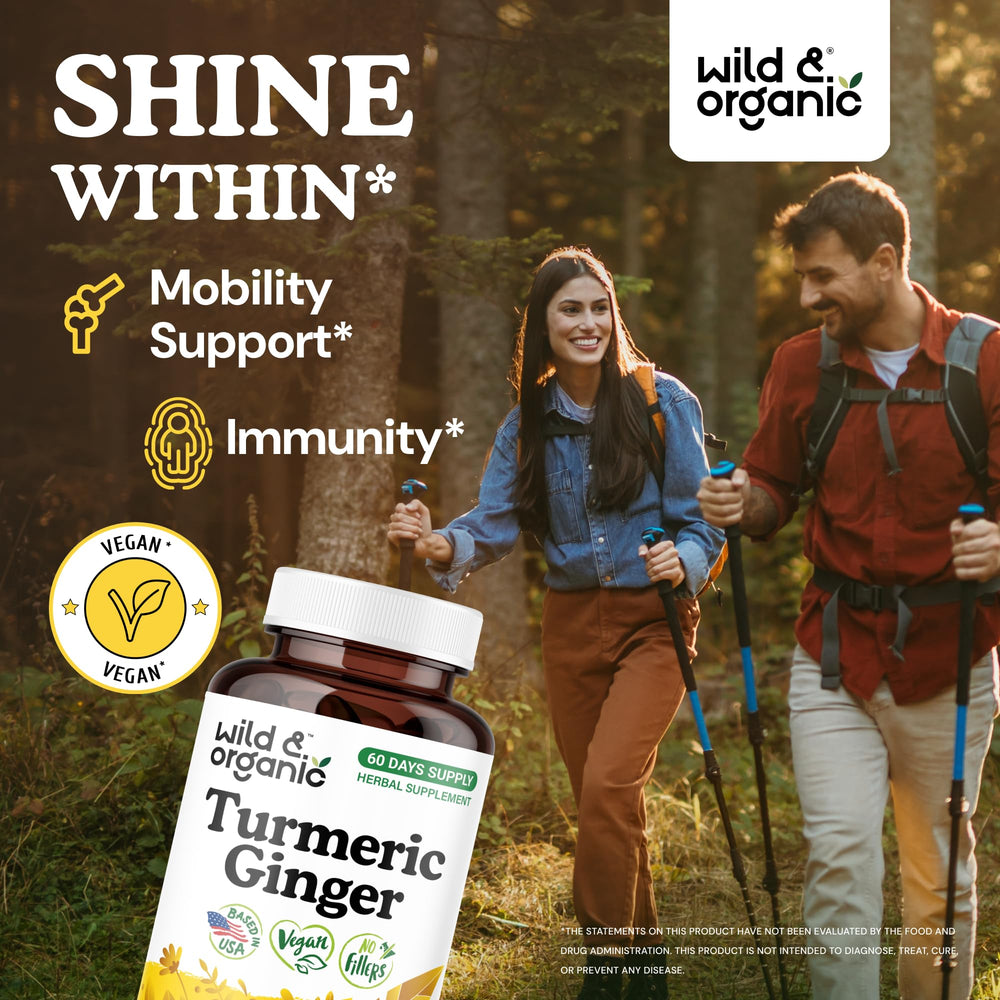 Wild & Organic turmeric ginger capsules close-up, vegan and non-GMO.