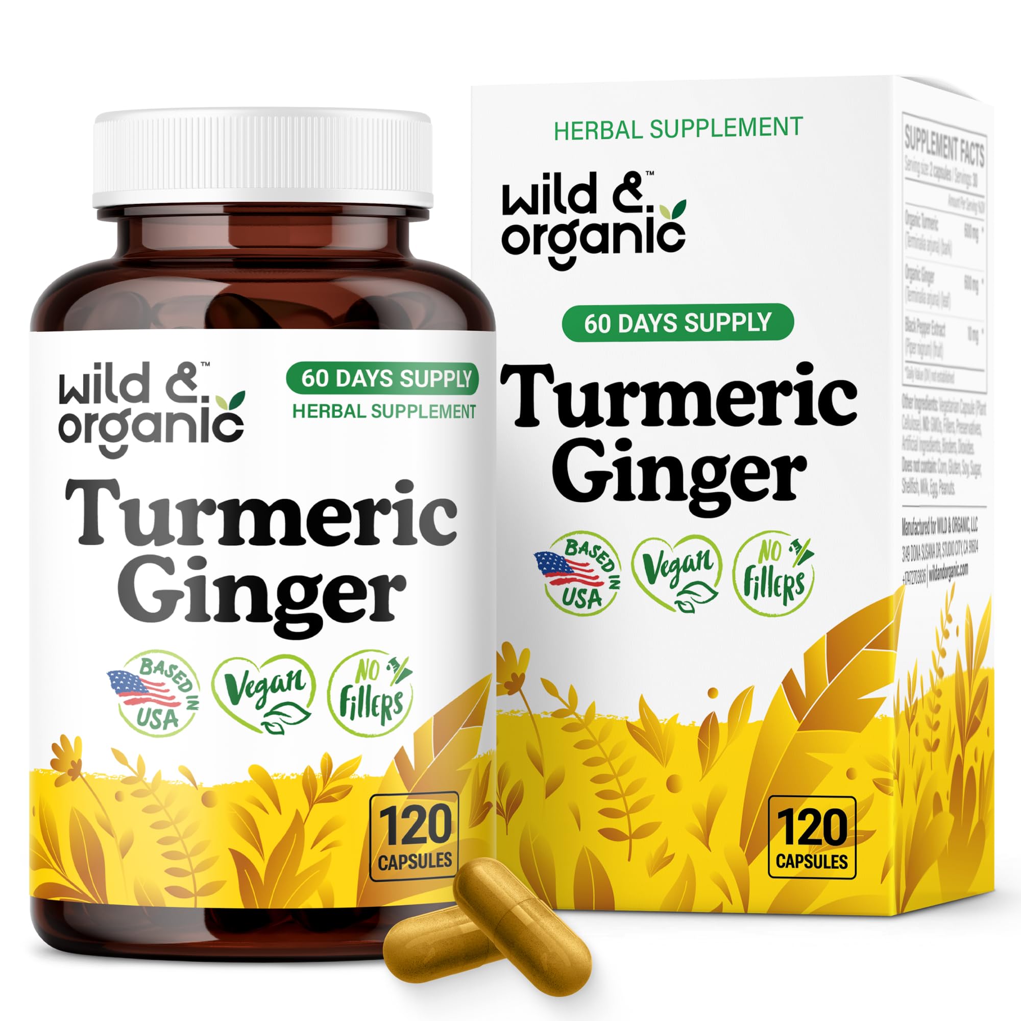 Wild & Organic turmeric ginger supplement bottle highlighting mobility and immune support.
