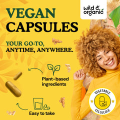 Wild & Organic turmeric powder with scoop for convenient daily intake.