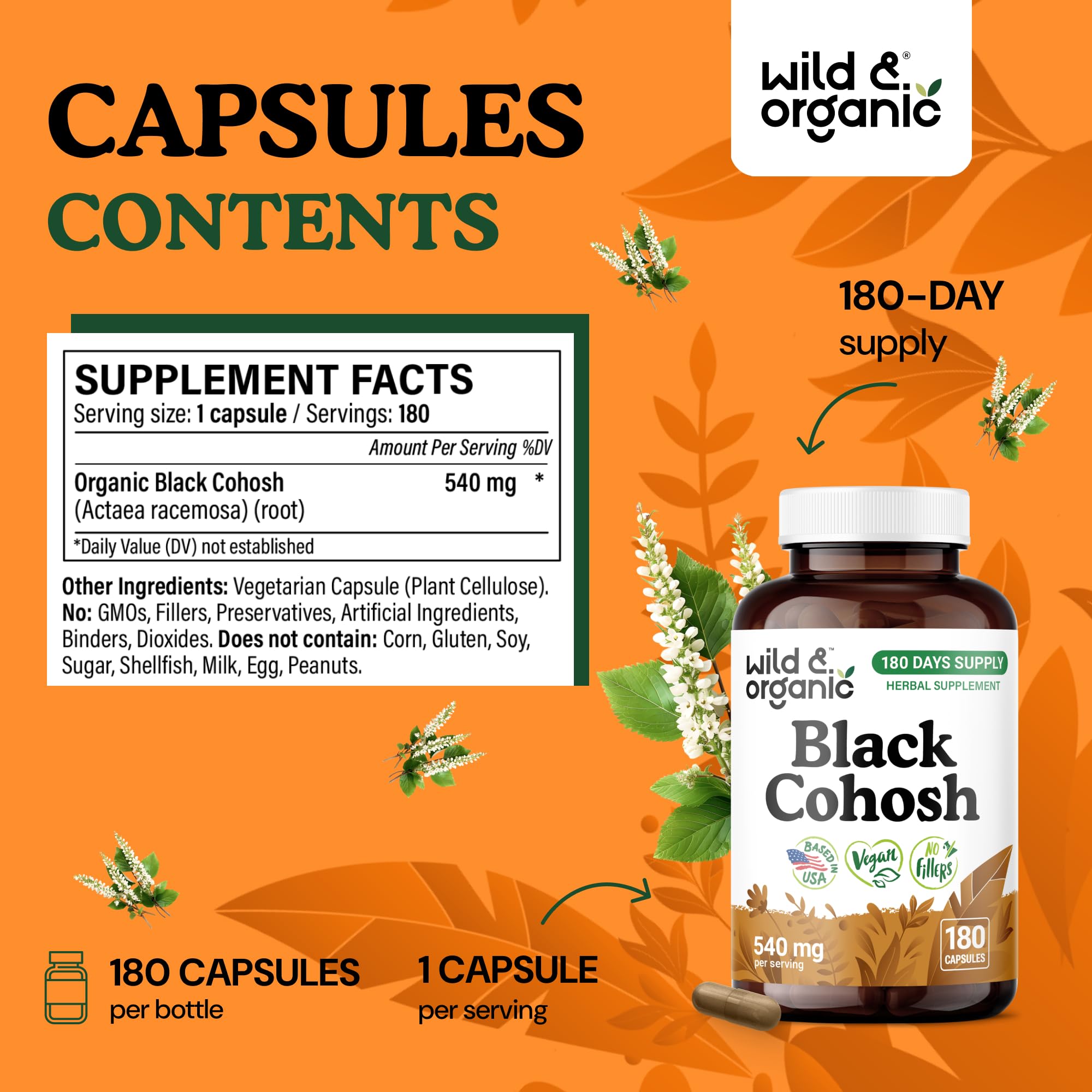 Wild & Organic vegan capsules close-up emphasizes plant-based shell.