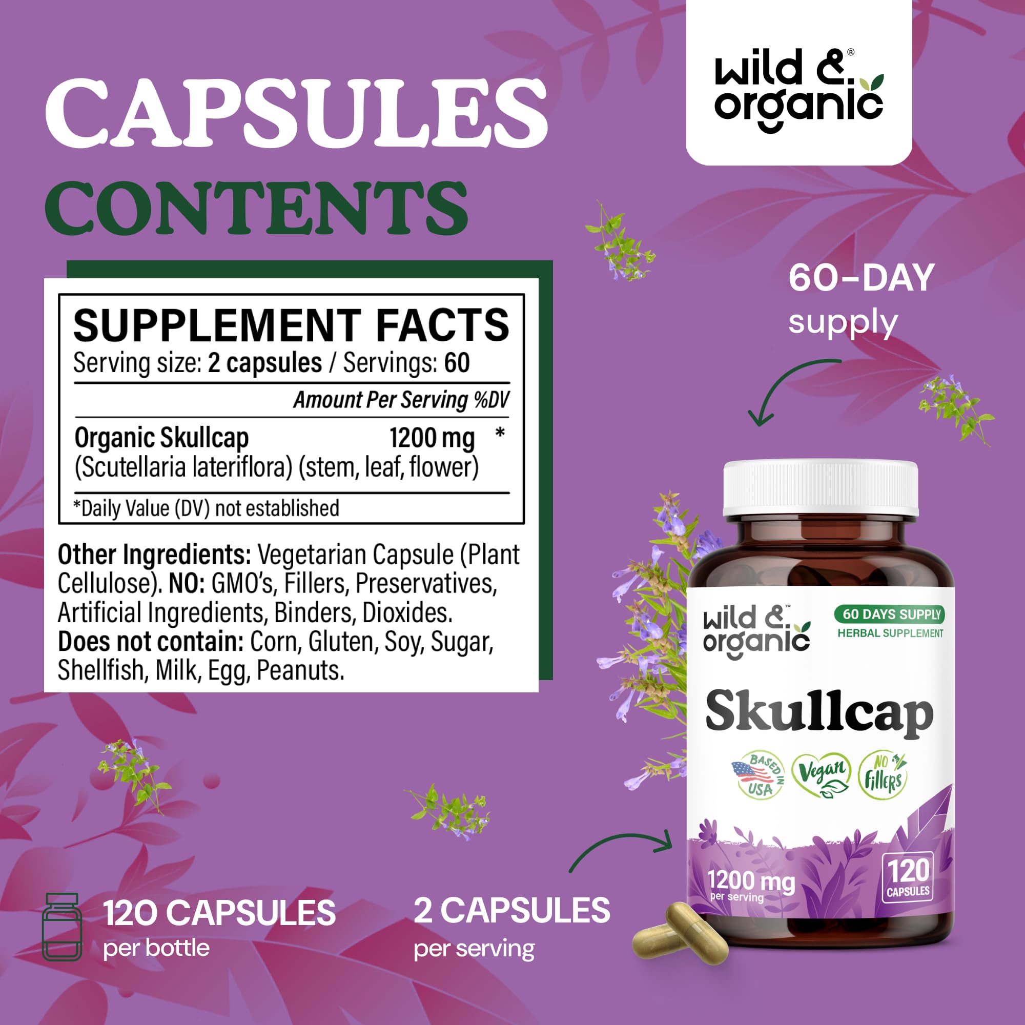 Wild & Organic Skullcap leaf extract capsules ready for a relaxing nightly routine