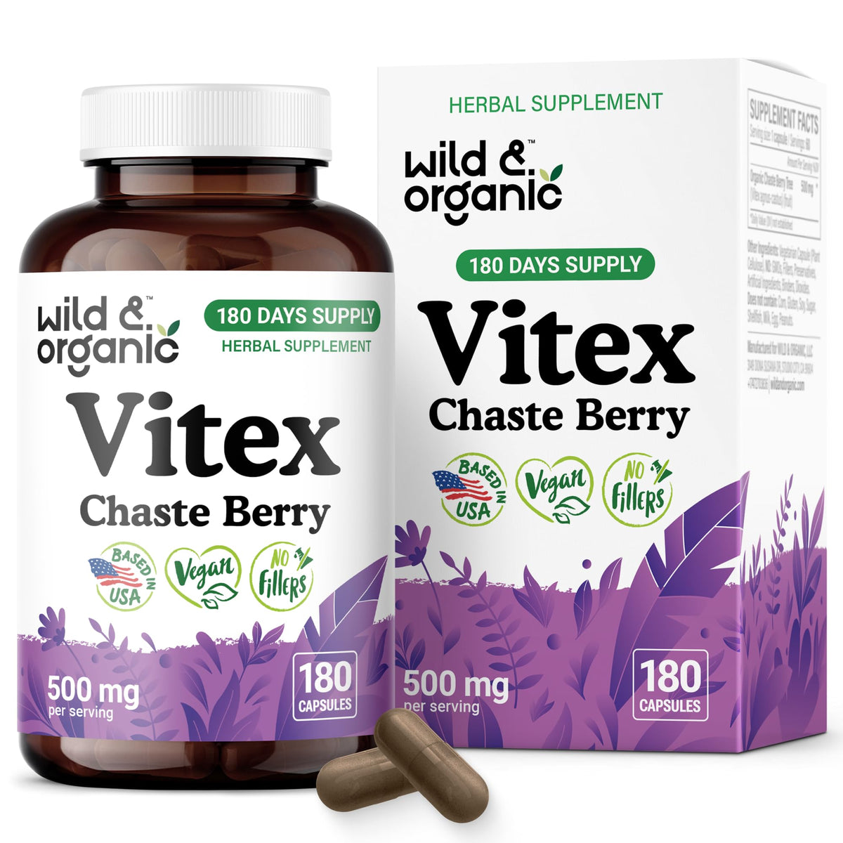 Wild & Organic Vitex Chasteberry Capsules bottle shows 500 mg per serving for daily wellness