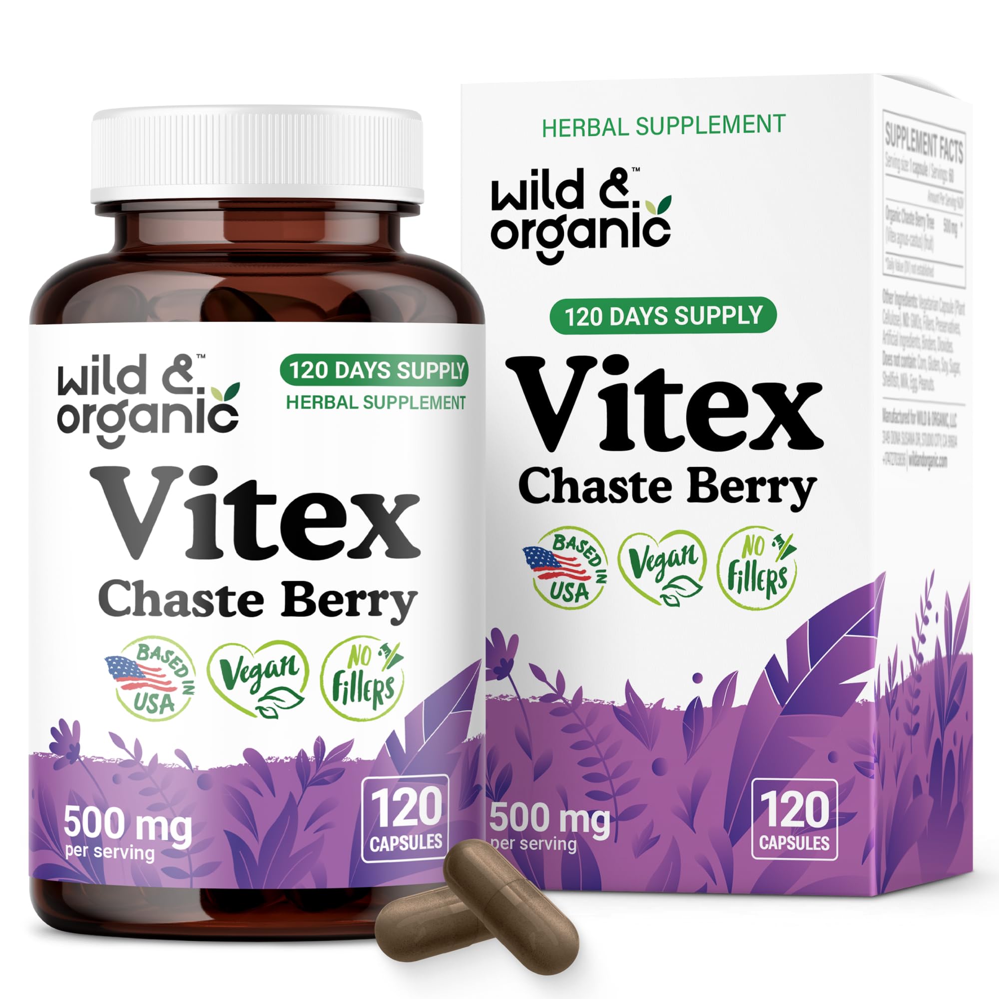 Wild and Organic Vitex chasteberry capsules bottle front for daily peri-menopause support