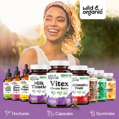 Wild and Organic Vitex bottle open with capsules ready to take daily