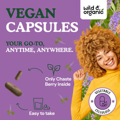 Wild and Organic Vitex capsules on table with water for easy daily intake