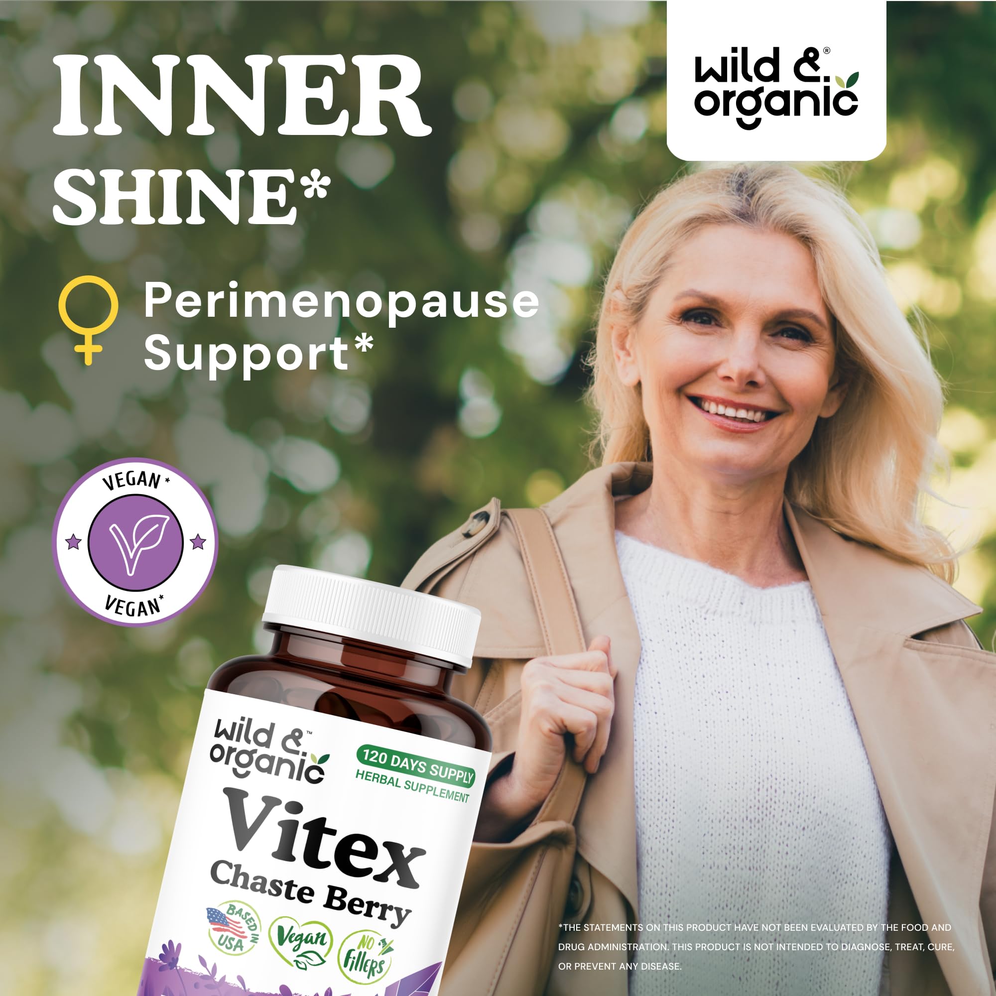 Wild and Organic Vitex capsules label closeup showing vegan, non-GMO formula