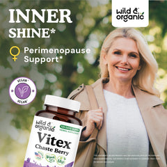 Wild and Organic Vitex capsules label closeup showing vegan, non-GMO formula