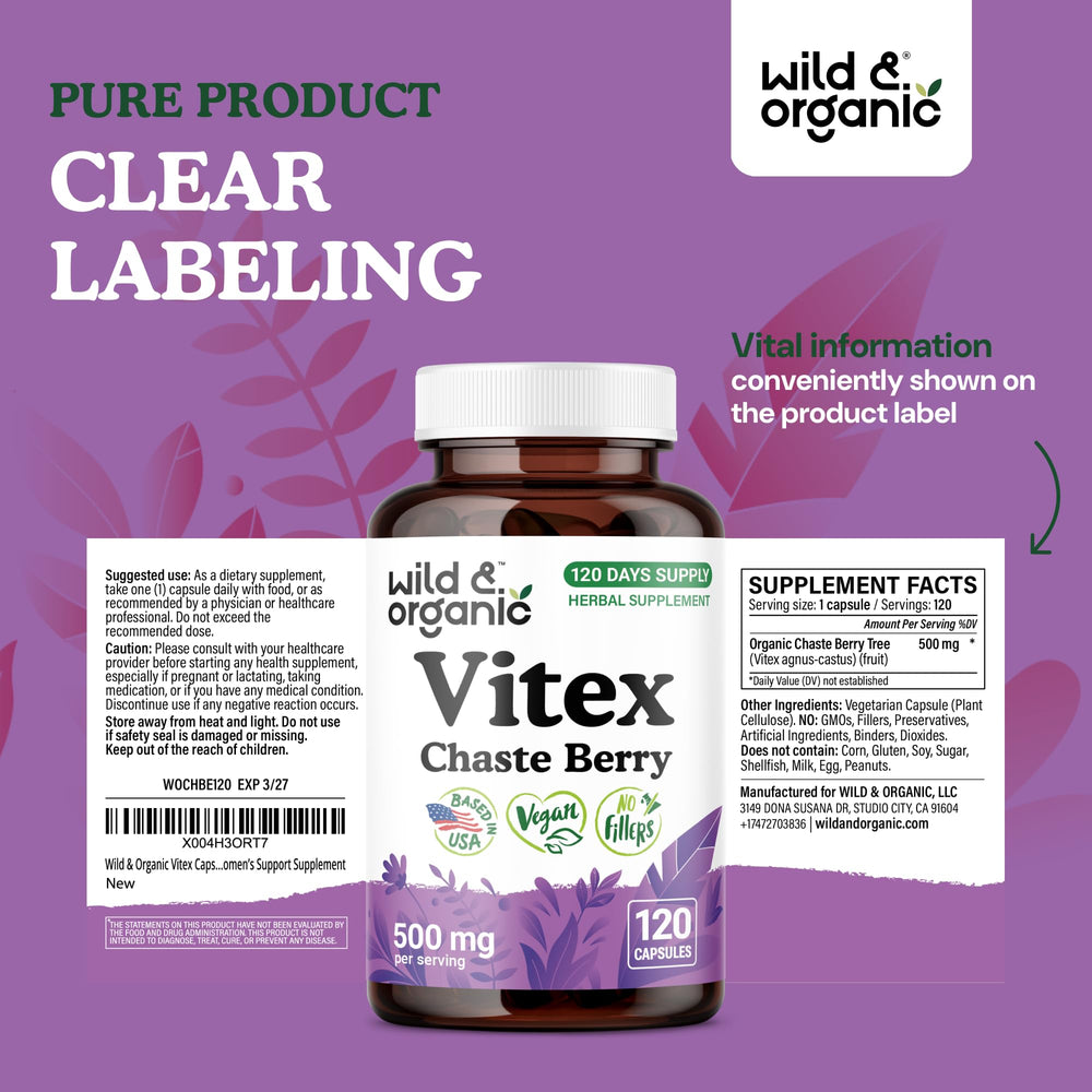 Wild and Organic chasteberry capsules natural ingredients on clean background