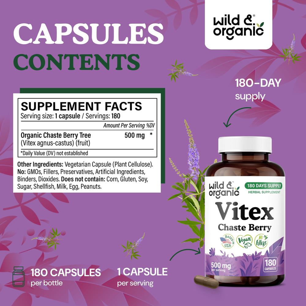 Packaging box of Wild & Organic Vitex Capsules emphasizes vegan, non-GMO credentials