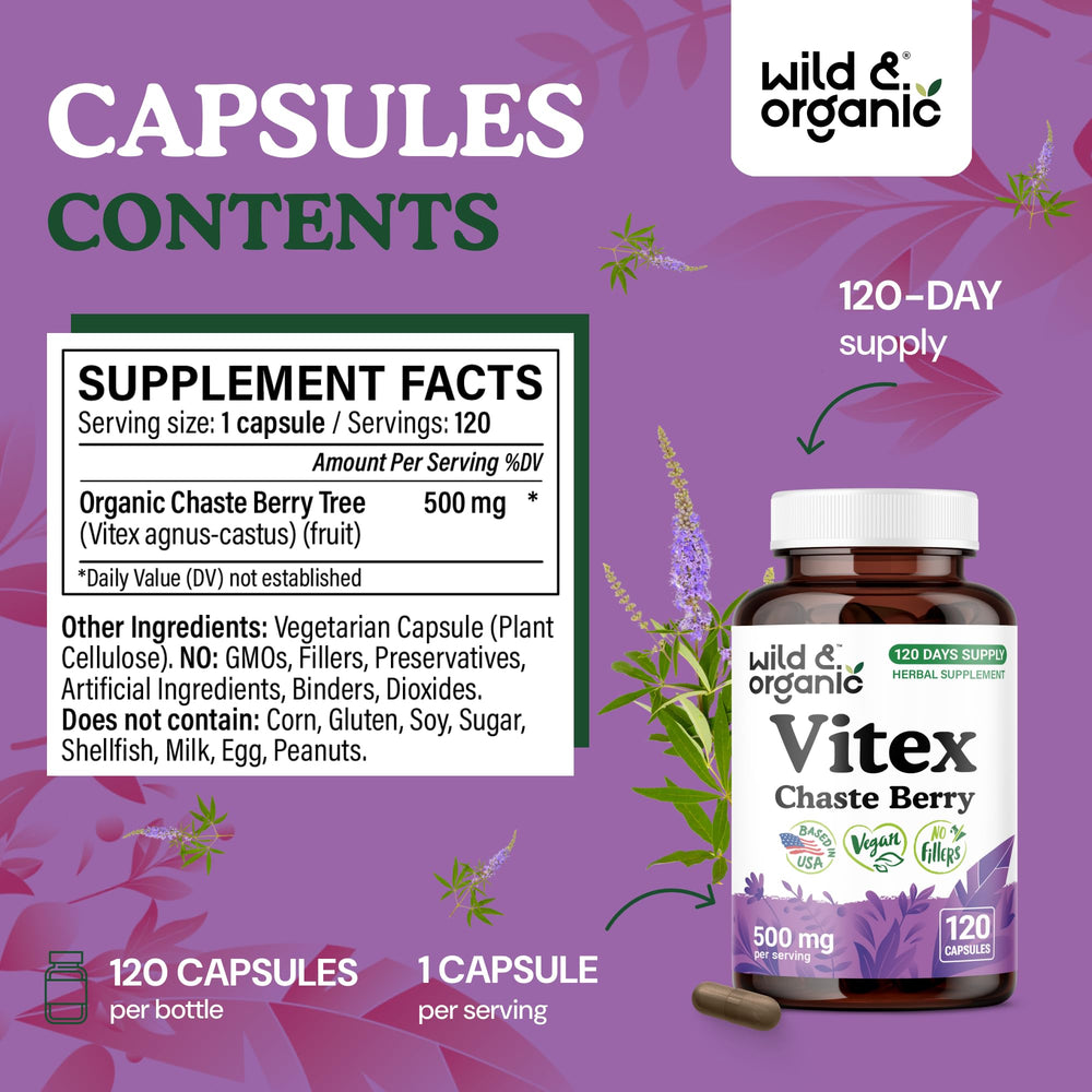 Wild and Organic Vitex capsules vegan coating closeup highlights plant-based shell