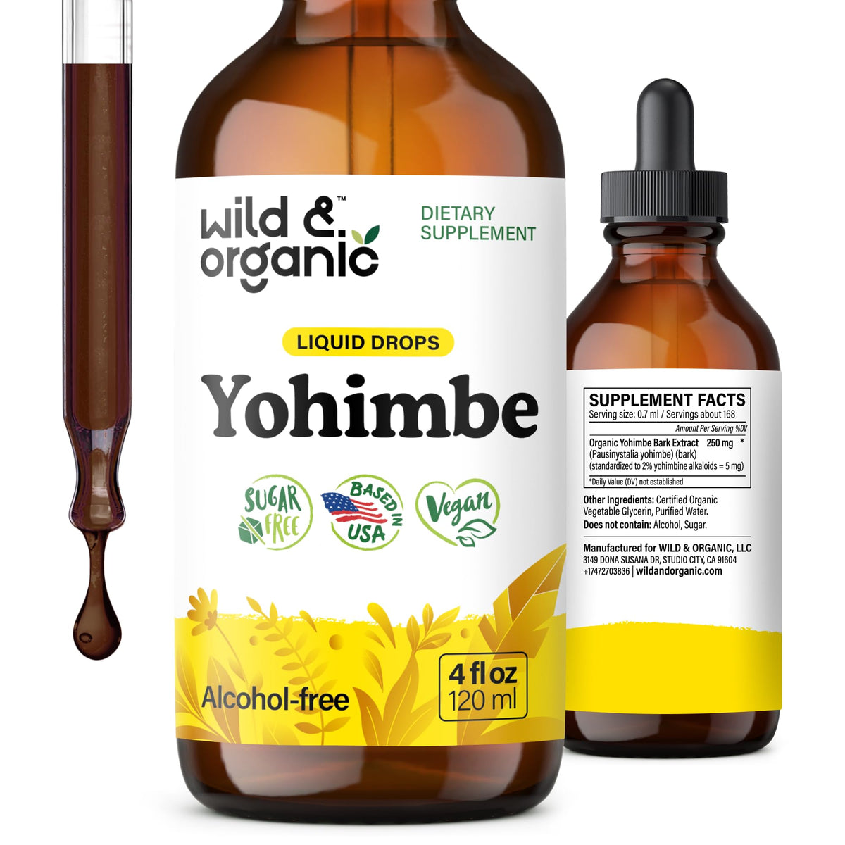 Wild & Organic Yohimbe Drops bottle front shows branding and 4 oz size