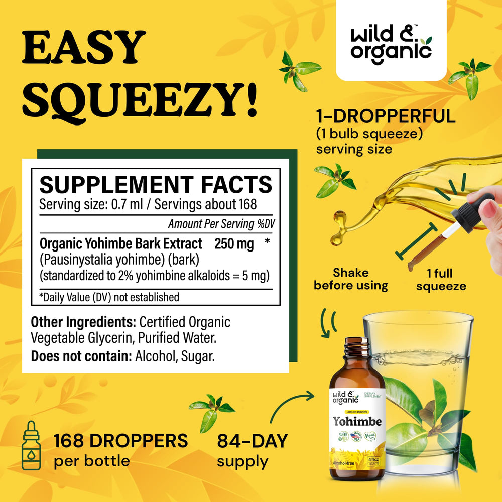 Close-up of Wild & Organic Yohimbe Drops label highlights vegan, non-GMO formula