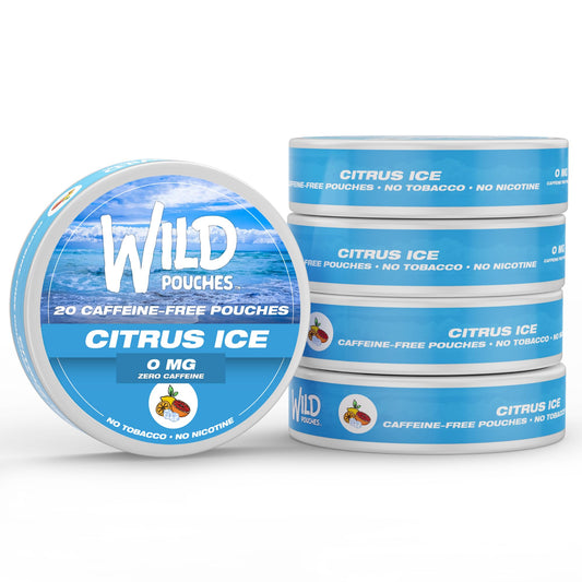 Wild Pouches Citrus Ice five-pack box highlighting caffeine-free flavor