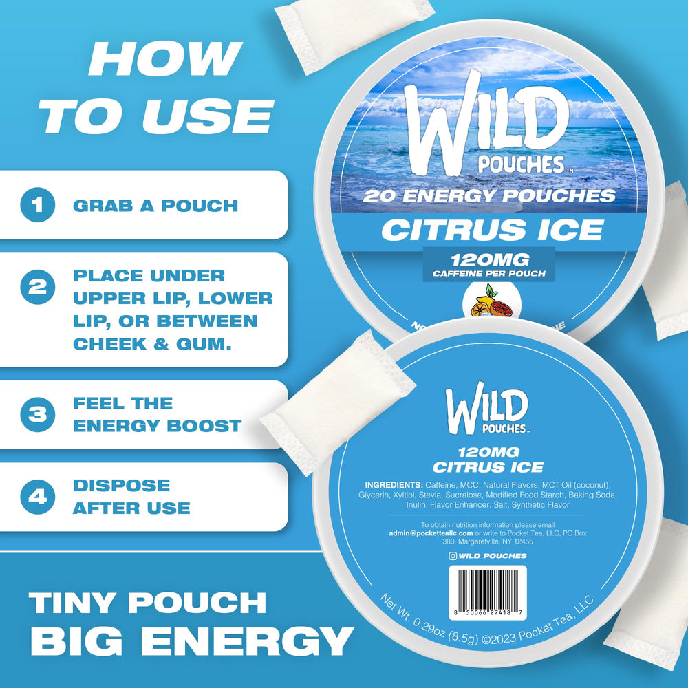 Wild Pouches Citrus Ice 5-pack box highlights value and portability.