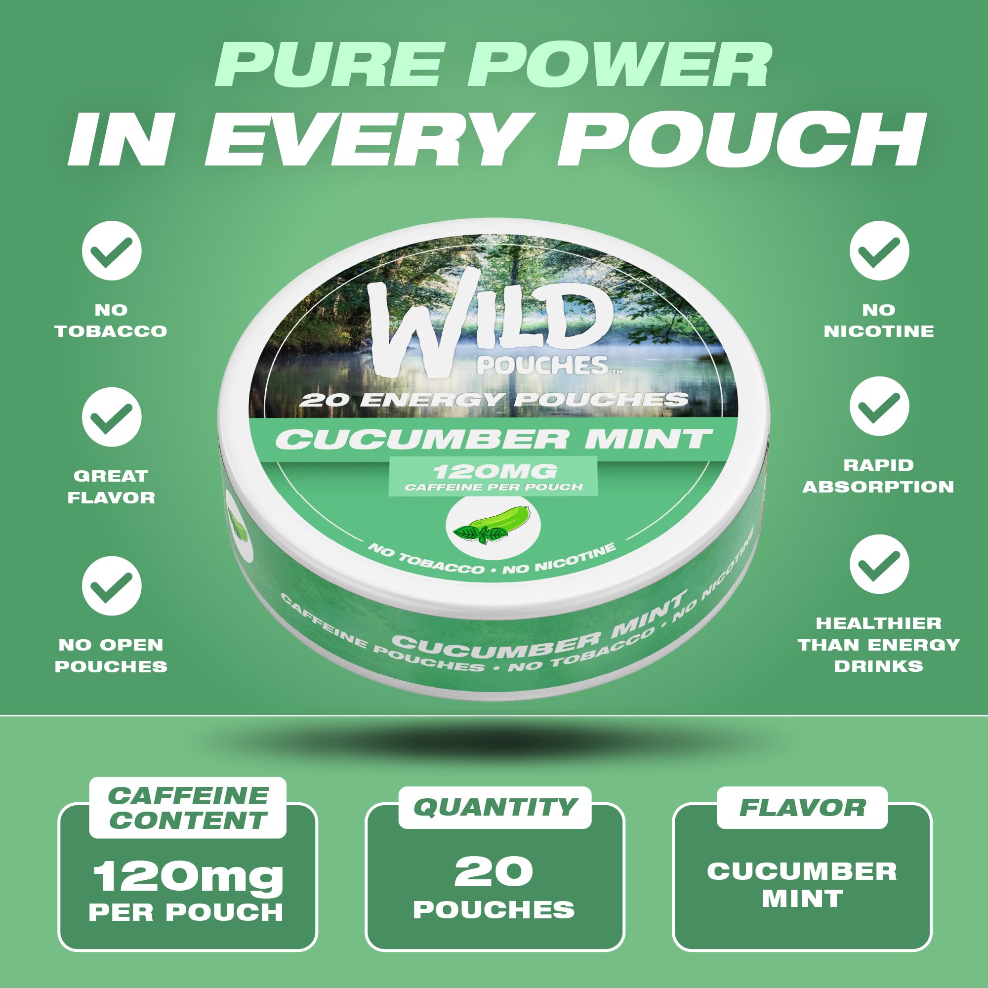 Wild Pouches cucumber mint can close-up emphasizes caffeine delivery and convenient use.