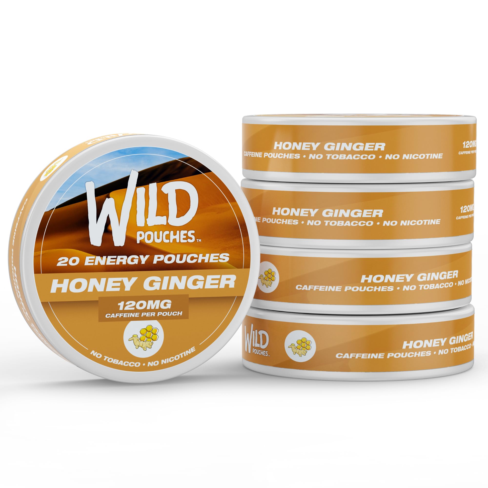 Wild Pouches Honey Ginger energy pouch pack showing flavor and caffeine boost