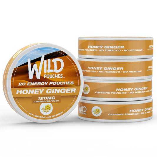 Wild Pouches Honey Ginger energy pouch pack showing flavor and caffeine boost
