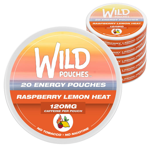 Wild Pouches Raspberry Lemon Heat can front shows nicotine-free energy for on-the-go focus