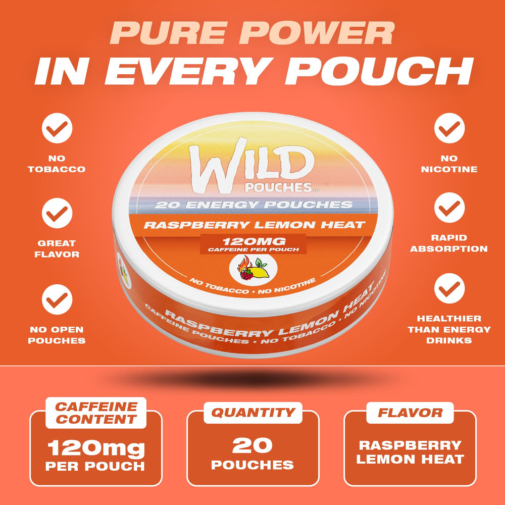 Wild Pouches Raspberry Lemon Heat can side displays nicotine-free energy option for busy days