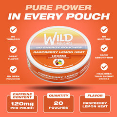 Wild Pouches Raspberry Lemon Heat can side displays nicotine-free energy option for busy days