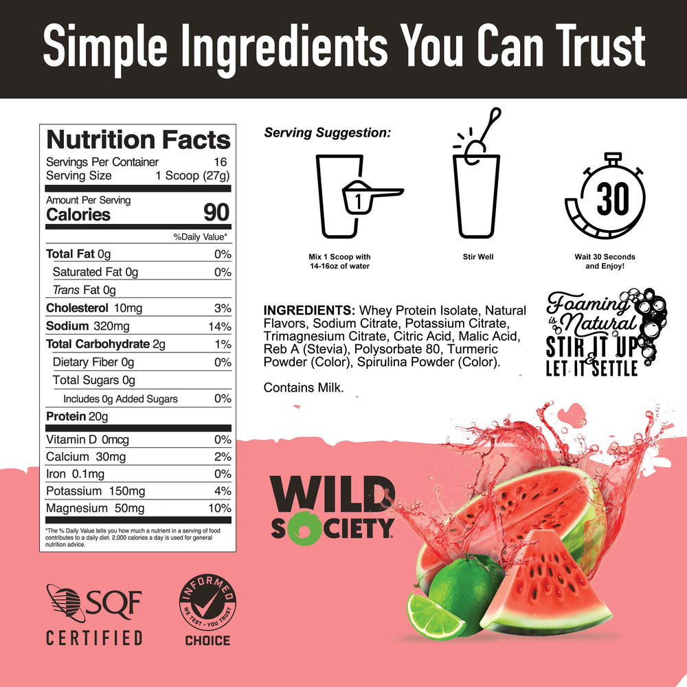 WILD SOCIETY Clear Protein Electrolytes bottle emphasizes fast hydration and muscle recovery support.