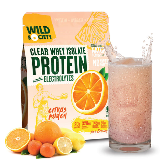 Wild Society Clear Whey Citrus Punch bottle highlighting high-protein hydration