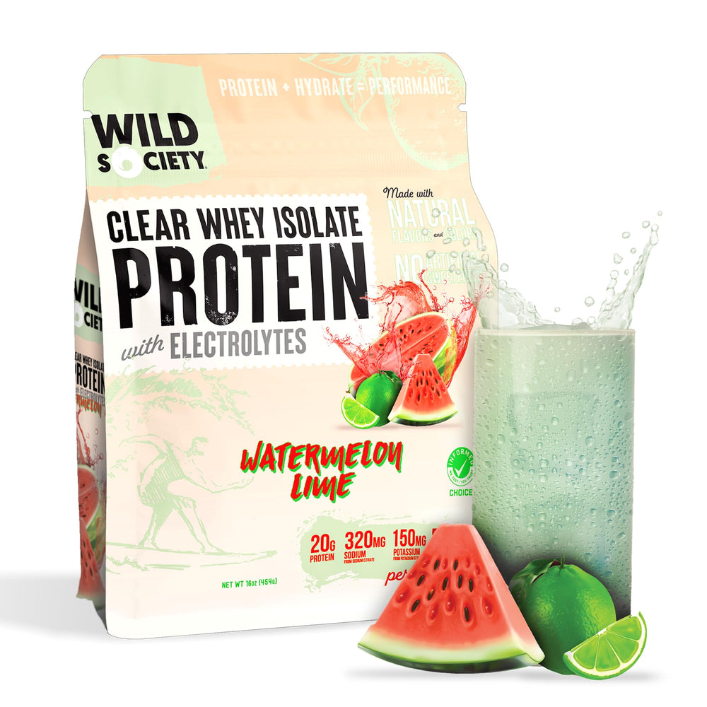 WILD SOCIETY Clear Protein Watermelon Lime bottle showcases refreshing post-workout hydration.
