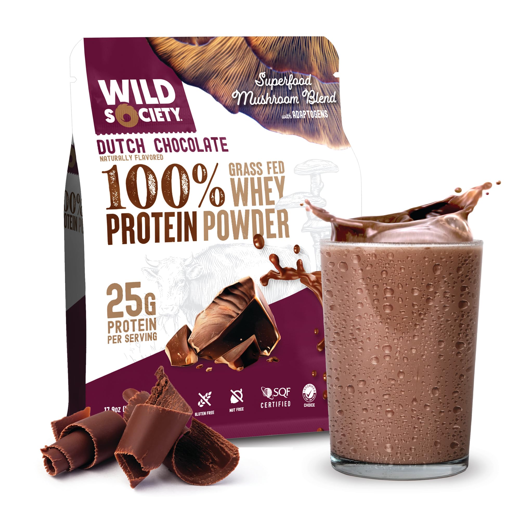Wild Society Dutch Chocolate whey powder in a jar for clean shakes.