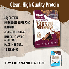 Wild Society Dutch Chocolate whey scoop shows convenient serving size for workouts.