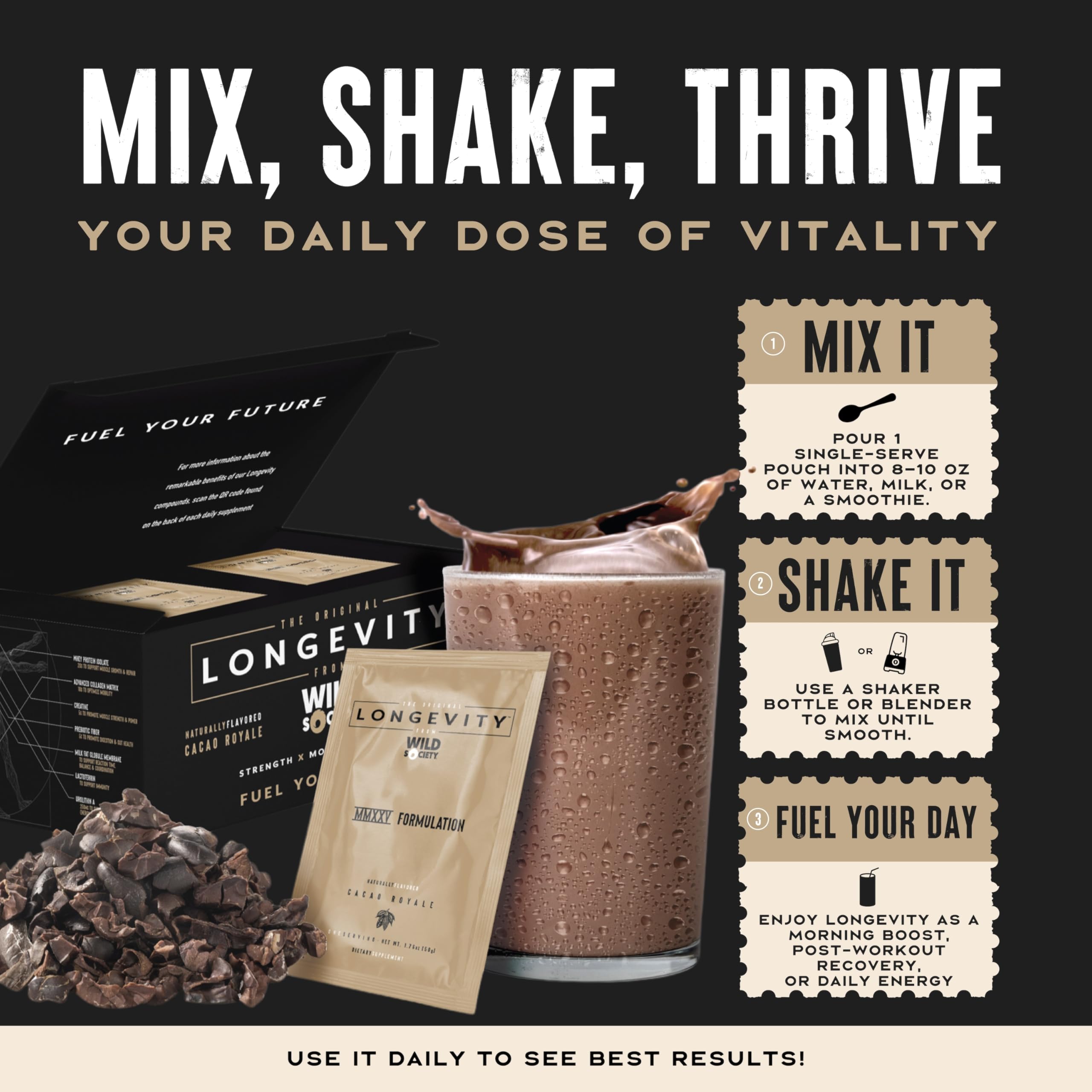 Wild Society Longevity Shake contains creatine and urolithin A for energy.