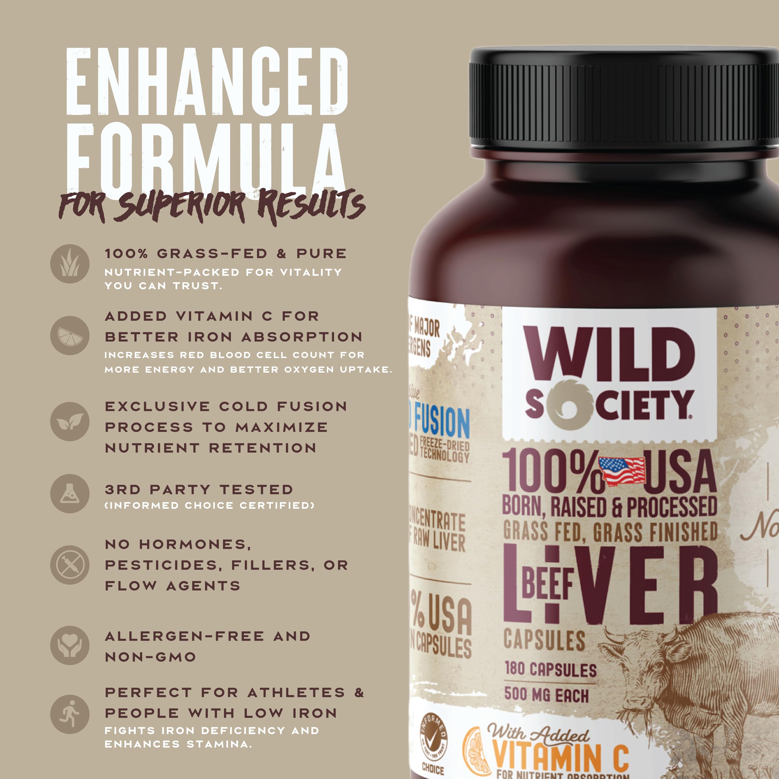 WILD SOCIETY bottle with USA grass-fed seal communicates quality