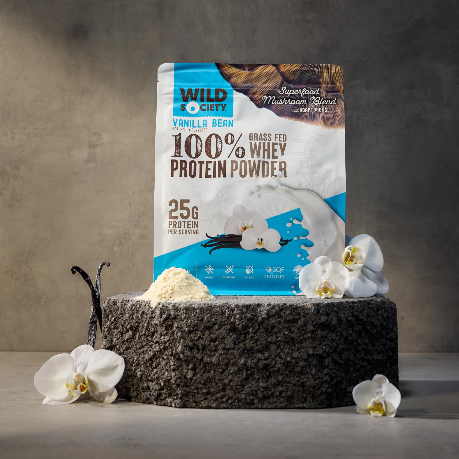 WILD SOCIETY vanilla bean whey bottle on kitchen counter