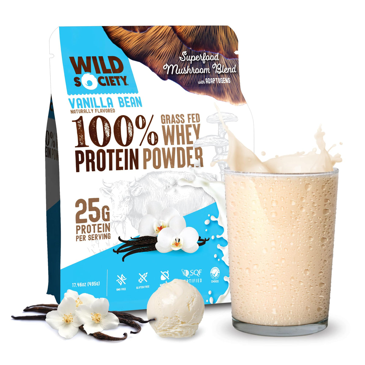 WILD SOCIETY vanilla bean whey front label indicating clean protein