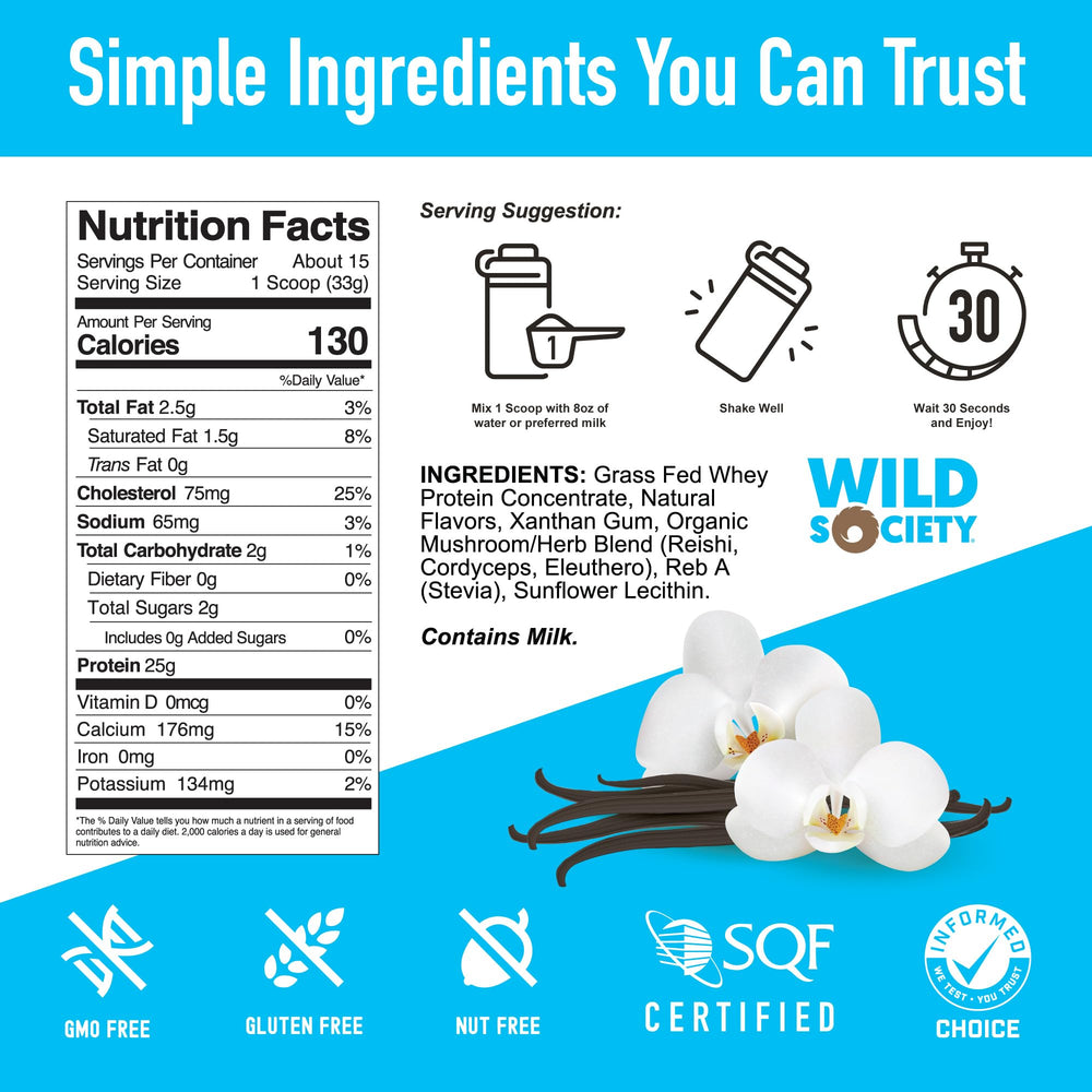 WILD SOCIETY whey ingredients close-up highlighting clean label