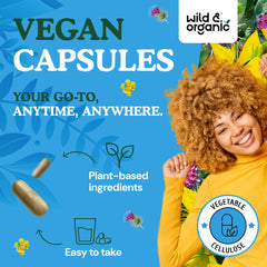Wild and Organic bottle pour shot showing smooth capsules for daily wellness.