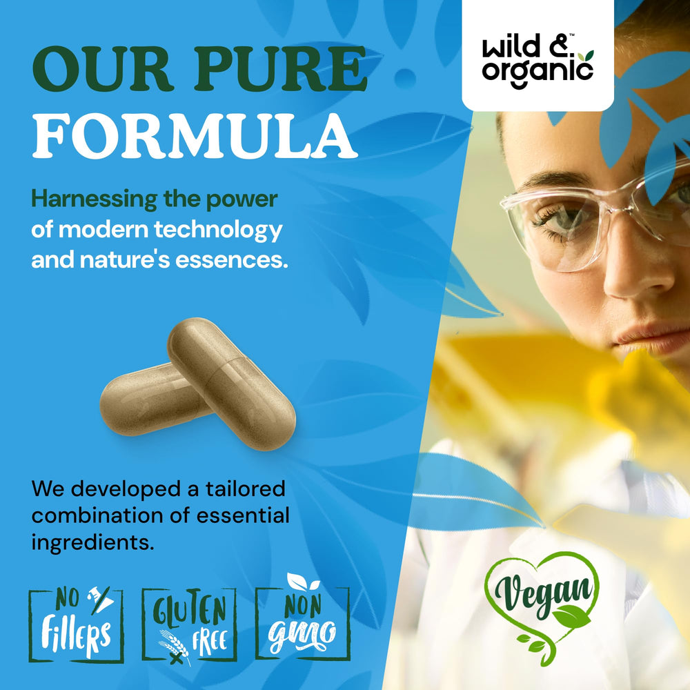 Wild and Organic label detail emphasizing 1200 mg herbal blend per serving.