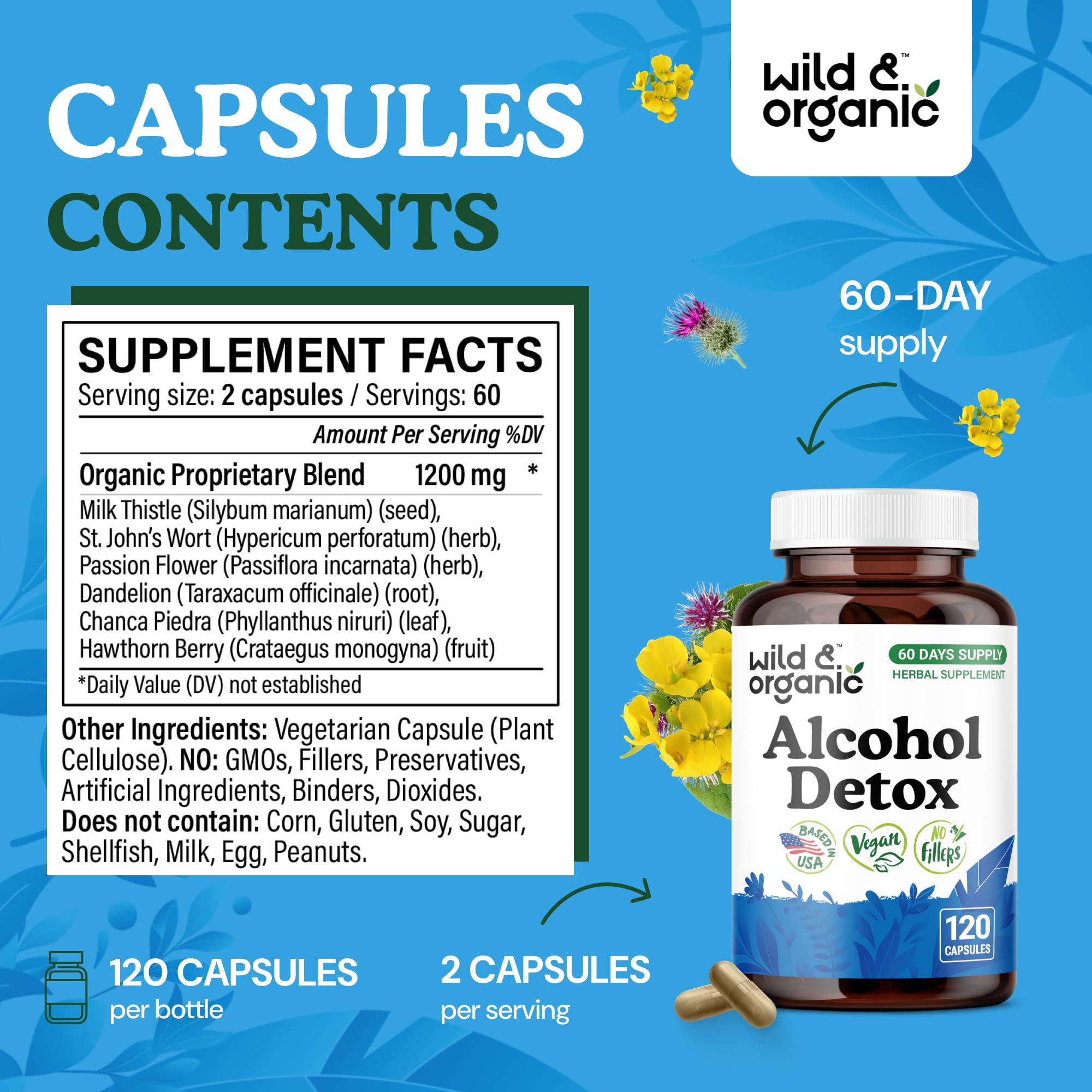 Wild and Organic packaging front shot highlighting vegan capsule and non-GMO formula.