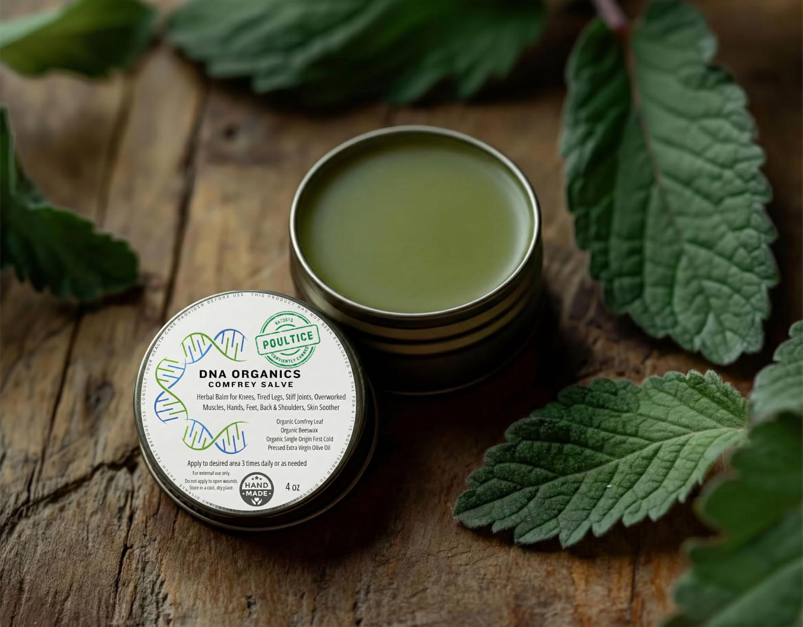 Wild Castle DNA Organics Comfrey Salve being applied to arm for muscle relief and ease.