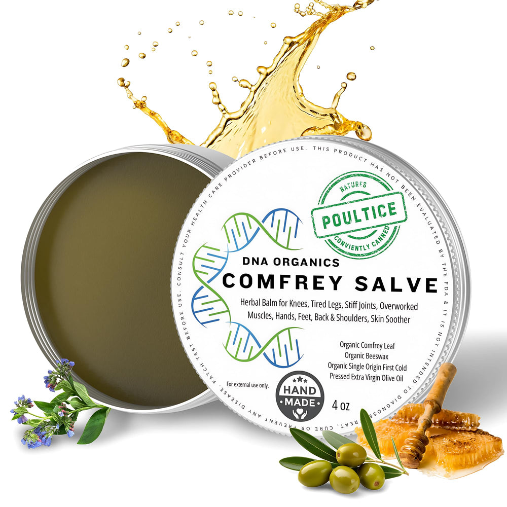 Wild Castle DNA Organics Comfrey Salve jar closeup for soothing skin and post-workout care.