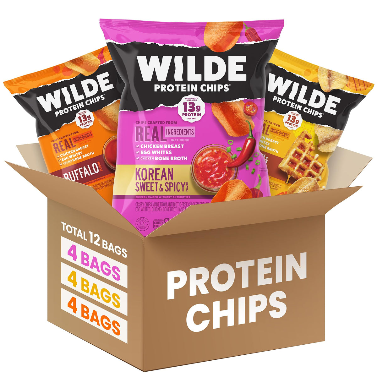 Wilde Chips Buffalo flavor bag, on-the-go high-protein keto snack.